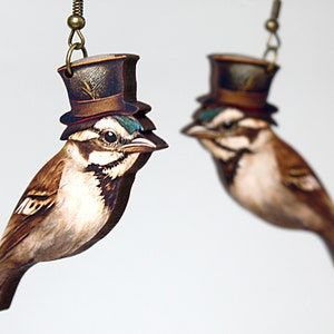 J. SPARROW ++ whimsical wooden earrings bird tophat collage hipster animals vintage enchanted forest woodland birds jewelery gift lasercut