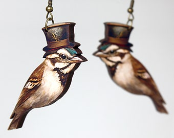 J. SPARROW ++ whimsical wooden earrings bird tophat collage hipster animals vintage enchanted forest woodland birds jewelery gift lasercut