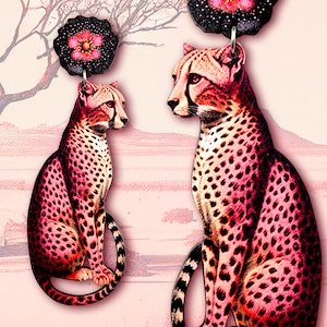 Whimsical wooden earrings studs "CHEETAH BONITA"  lasercut vintage gift pink wildcat big cat statement animal jewelry