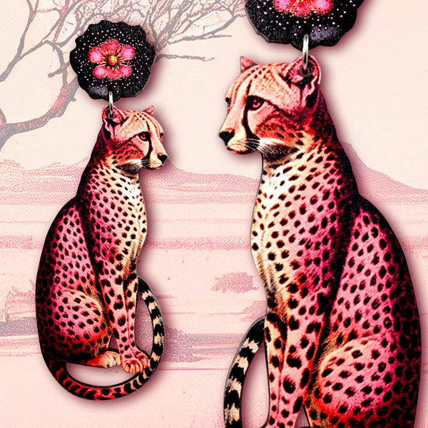 Whimsical wooden earrings studs "CHEETAH BONITA"  lasercut vintage gift pink wildcat big cat statement animal jewelry