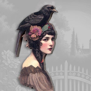 RAVENS ARE AGIRLSBESTFRIEND whimsical wooden brooch pin raven crow black bird 20s 30s flapper vintage style collage gift woman victorian 画像 2