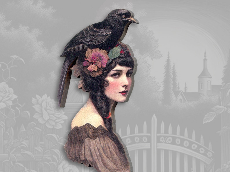 RAVENS ARE AGIRLSBESTFRIEND whimsical wooden brooch pin raven crow black bird 20s 30s flapper vintage style collage gift woman victorian 画像 2