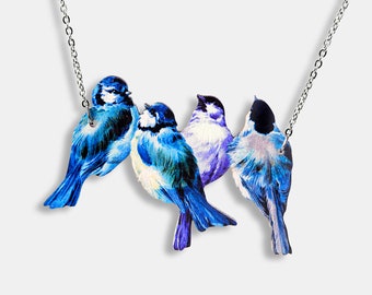 Statement whimsical wooden necklace "BIRDS on NO WIRE" blue tomtit pendant vintage jewelry