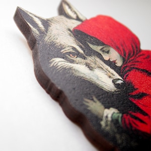 LOVE YOUR ENEMIES Whimsical wooden brooch pin vintage style gift birthday jewelry fairy tale fairytale wolf red riding hood image 2