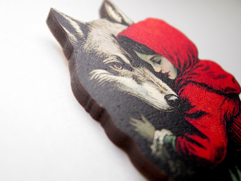 LOVE YOUR ENEMIES Whimsical wooden brooch pin vintage style gift birthday jewelry fairy tale fairytale wolf red riding hood image 2