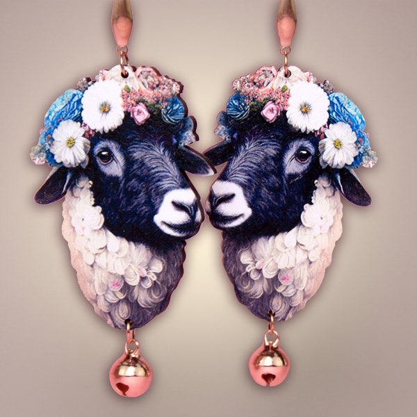 SHEEPY HOLLOW ++ whimsical wooden earrings rose gold sheep bells jewelry gift funny animal vintage style flowers boho hippie
