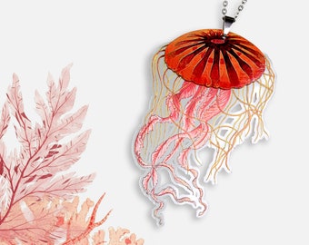 Large whimsical acrylic necklace "FULL BELLY JELLY" jellyfish tentacle jewelry punk rockabilly wood lasercut ocean lover sea gift