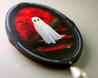 NIGHT SHIFT +++ Large wooden whimsical brooch pin jewelry oil painting style vintage gift ghost castle frame