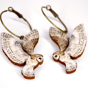 Whimsical wooden hoop earrings creole EAR U ME hoops lasercut gift vintage flying barn owl jewelry charm wood birds woodland image 3