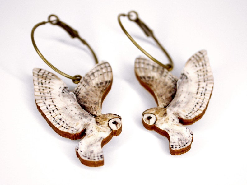 Whimsical wooden hoop earrings creole EAR U ME hoops lasercut gift vintage flying barn owl jewelry charm wood birds woodland image 3