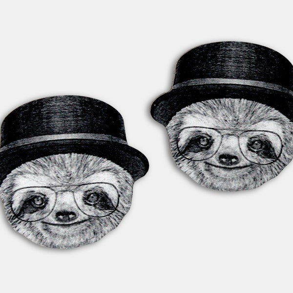 Whimsical wooden earrings studs "UNSTRESSED & WELL DRESSED" sloth hipster animal vintage bowler hat laser cut