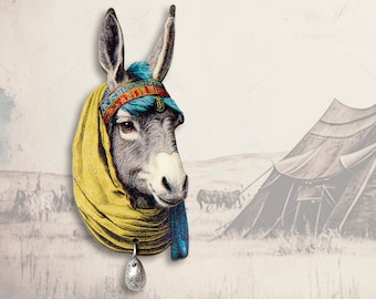 EN ALGUNA PARTE DE SUDÁFRICA ++ Broche pin boho ethno burro mula caballo tela regalo collage joyería vintage madera corte láser