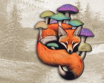 FOXY & FUNGI ++ Broche pin vos rode vos paddestoelen bos verjaardag natuur cadeau vriendin vintage houten sieraden surrealistische collage