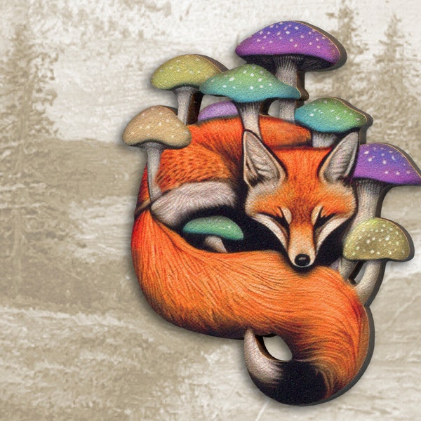 Whimsical wooden brooch pin "FOXY & FUNGI" gift lasercut jewelry red fox mushrooms psychedelic fanatasy woodland animal