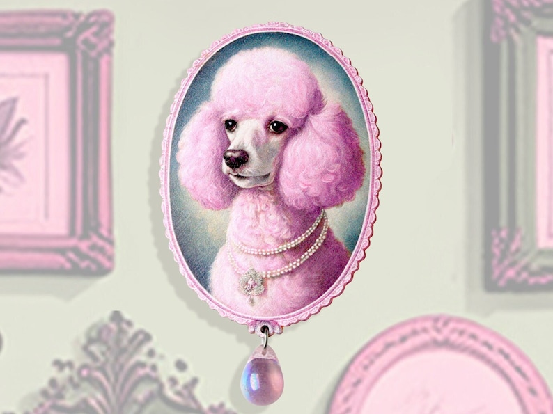 POODLELICOUS große Brosche Anstecker Pin rosa Pudel Kitsch Hund Portrait Hipstertiere surreal art deco viktorianisch Schmuck vintage Holz Bild 1