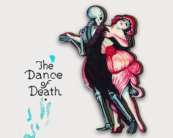 Wooden brooch pin "DANCE OF  DEATH" skeleton dance dancer victorian art nouveau punk lovers woman gift jewelry burlesque 20s 30s valentines