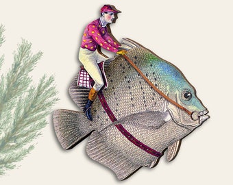 POLE POSITION ++ Broche Grande Pin Jockey Fish Fish Race Horse Collage Contemporary Vintage Gift Wood Lasercut