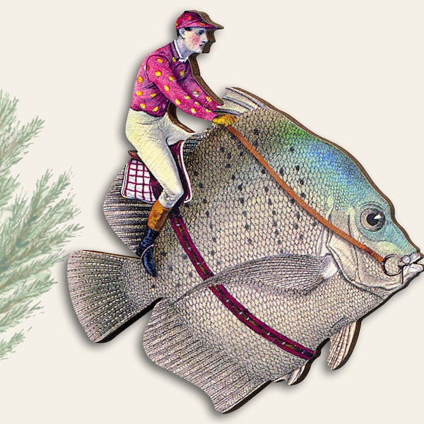 Whimsical wooden brooch pin "POLE POSITION" vintage jockey fish race special gift sea aquarium lover collage contemporary jewelry lasercut