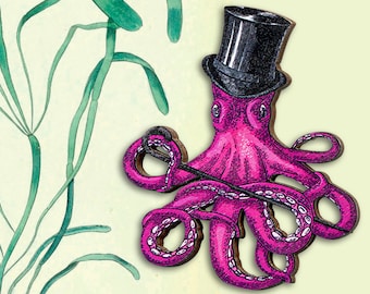 STEHT IHM GUT  ++ Große Brosche Anstecker Pin lila rosa pink Krake Kraken Oktopus Tintenfisch Tentakel Lasercut Geschenk vintage Collage