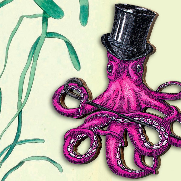 Ziet er goed uit op hem + + grote broche pin paars roze octopus octopus inktvis tentakel lasercut cadeau vintage collage