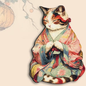 DON'T HESITATE MEDITATE Whimsical wooden brooch pin vintage style gift birthday jewelry meditation cat kimono yoga japan image 1