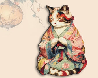 DON&#39;T HESITATE - MEDITATE ++ Whimsical wooden brooch pin vintage style gift birthday jewelry meditation cat kimono yoga japan