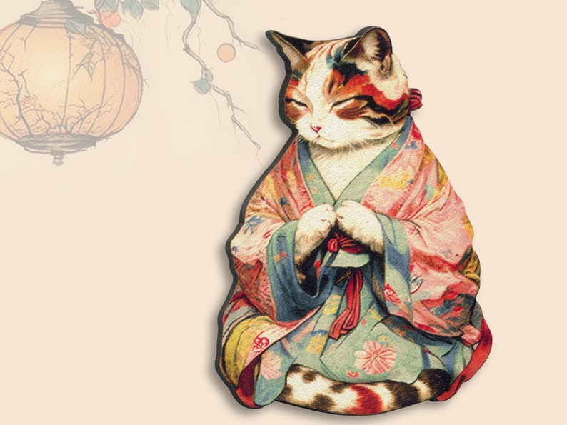 DON'T HESITATE MEDITATE Whimsical wooden brooch pin vintage style gift birthday jewelry meditation cat kimono yoga japan image 1