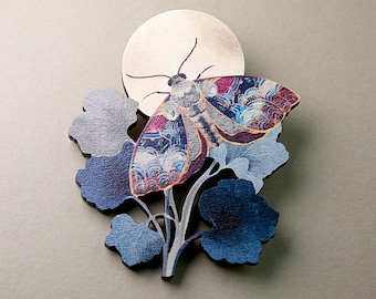 MOONGAZING ++ Broche grande de madera con forma de mariposa, luna, luna llena, regalo natural, novia, estilo vintage, alas, joyería cortada con láser