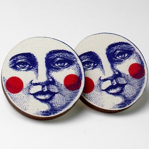 CARA DE LUNA ++ Pendientes de botón vintage con forma de luna llena, estilo art déco, años 20/30, madera, corte láser, regalo