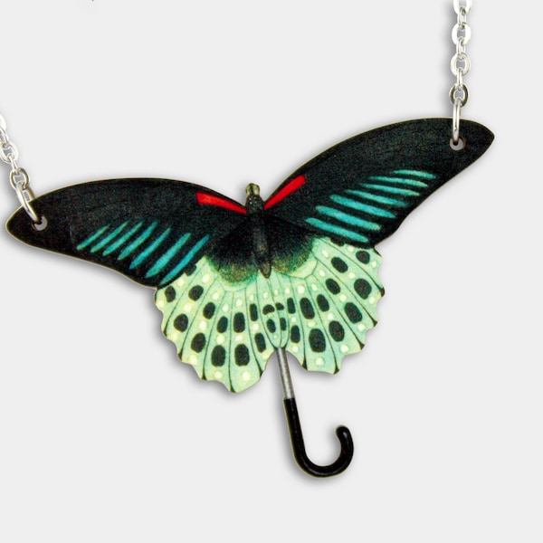 Statement whimsical wooden necklace "ELLA ELLA" butterfly umbrella