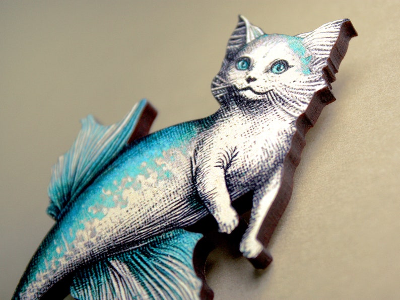 MEOWMAID big whimsical wooden brooch pin gift lasercut jewelry cat kitty mermaid surreal collage mythical creature saga fairy tale image 2