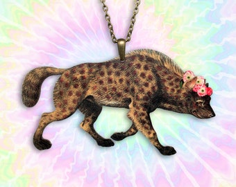 Large whimsical wooden necklace charm "HIPPY HARPY"  vintage hyena hyaena gothic gift lasercut jewelry nature flower power pendant