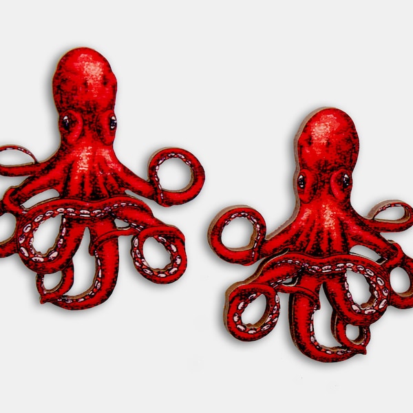 Whimsical wooden earrings studs "DEEP SEA TWINS" octopus kraken tentacles squid cuttlefish vintage gift present funny animal jewelry