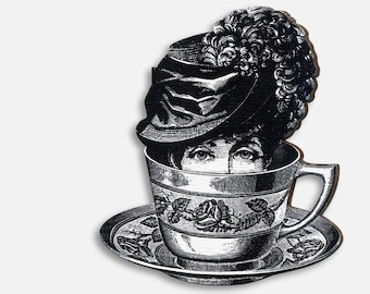 LADY GREY ++ Broszka pin herbata filiżanka herbaty kolaż klapa 20 s 30 s prezent w stylu vintage wiktoriański art deco steampunk współczesny