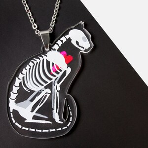 whimsical acrylic necklace CATS 'N BONES cat skeleton charm jewelry day of the dead punk rockabilly black bones skull taxidermi image 2