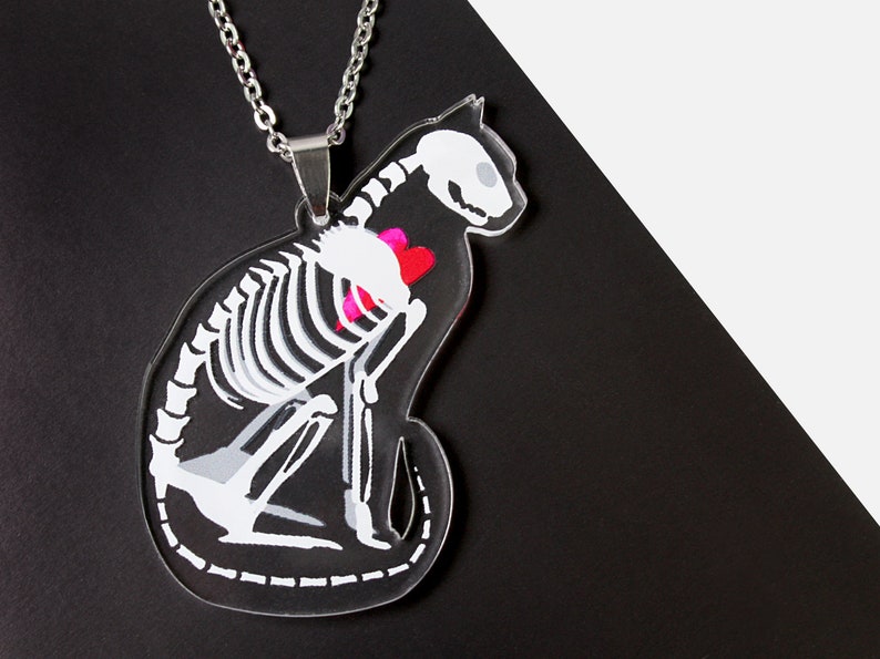 whimsical acrylic necklace CATS 'N BONES cat skeleton charm jewelry day of the dead punk rockabilly black bones skull taxidermi image 2