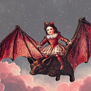 May include: A young girl in a red dress and a bow in her hair rides a brown bat with large, red wings against a starry night sky.
