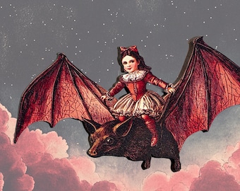 May include: A young girl in a red dress and a bow in her hair rides a brown bat with large, red wings against a starry night sky.