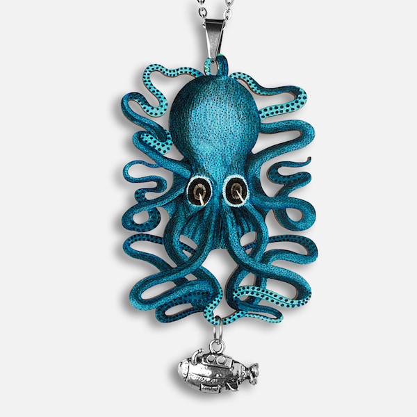 Whimsical wooden necklace "DEEP SEA, BABY!"  octopus kraken tentacles squid cuttlefish vintage gift present funny submarine sea creature