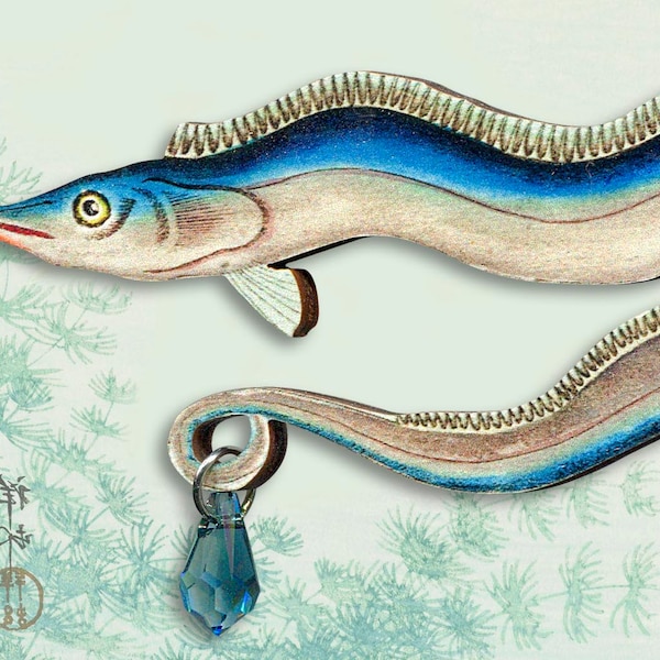 Large whimsical wooden brooch pin "SWIM THE BLUES" long blue fish moray eel sealife jewelry gift funny