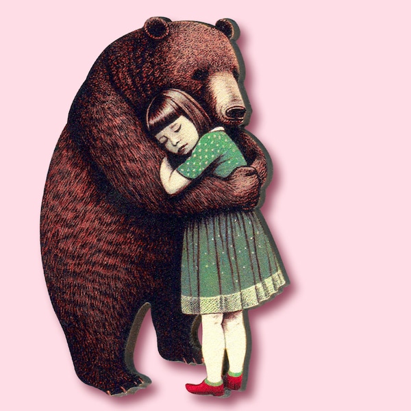 EN EL HOMBRO DEL OSO ++ Broche pin niña oso abrazo amistad regalo joyería estilo vintage ilustración madera corte láser