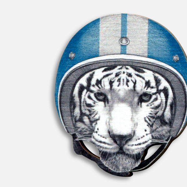 Wooden brooch pin "TIGER RACE" vintage retro gift white tiger helmet 80s rockabilly punk