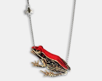 Statement whimsical wooden necklace "FASTFOOD" red frog fly gift vintage art nouveau déco tale funny jewelry nature charm extraordinary