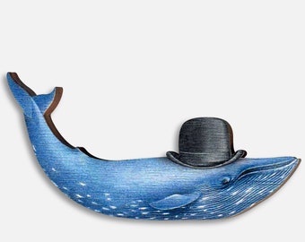 Whimsical wooden brooch "PRINCE OF WHALES" blue whale vintage gift present funny bowler surreal animal jewelry illustration contemporary art