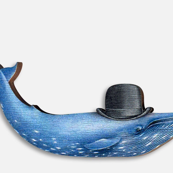 Whimsical wooden brooch "PRINCE OF WHALES" blue whale vintage gift present funny bowler surreal animal jewelry illustration contemporary art