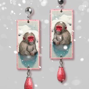 SPA DAY ++ whimsical wooden earrings vintage snow ape hot spring lasercut vintage style jewelry rectangle