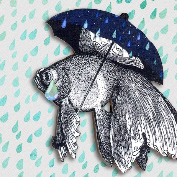 Whimsical wooden brooch pin "UNDERWATER MELANCHOLY" goldfish vintage gift umbrella tear crying rain ocean sea fish sappy