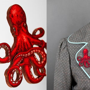 PATETICO ++ Spilla grande con tentacolo di calamaro e polpo rosso, taglio laser, regalo, illustrazione vintage