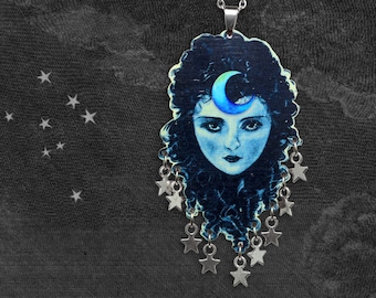 Statement whimsical wooden necklace "LA LUNE" moon stars moonchild lunatic astrology mystic jewelry charm night lover gift