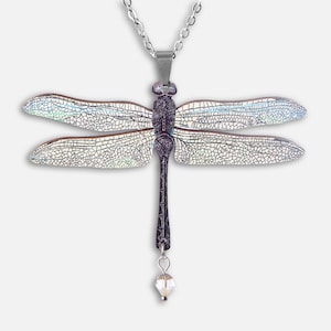 Può includere: Una collana con catena d'argento con un ciondolo a forma di libellula. La libellula ha ali iridescenti e un corpo nero. Un cristallo trasparente pende dall'addome della libellula.
